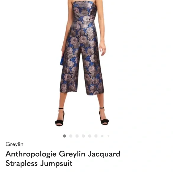 Greylin Strapless Floral Brocade Jumpsuit in Blue and Silver - Picture 2 of 4
